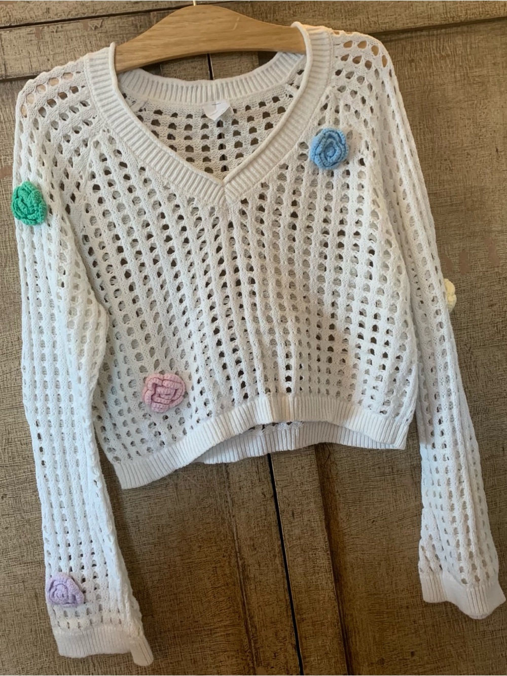Wild Fable Women's Open Work Cropped Pullover Sweater With 3D floral appliqués L